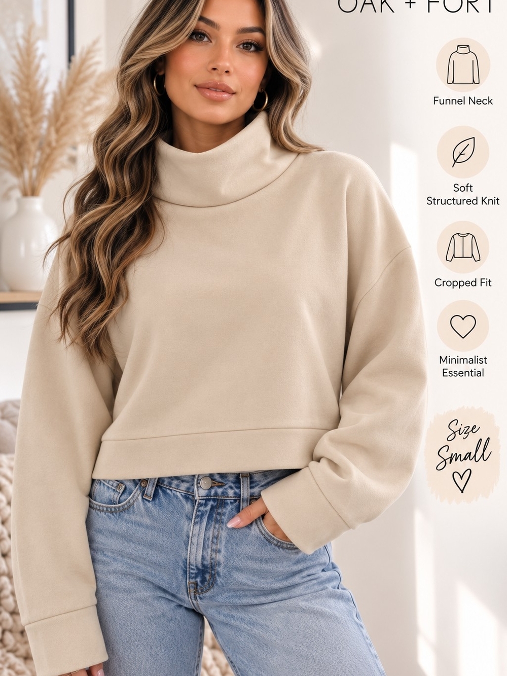 Oak + Fort Cream Funnel Neck Cropped Sweatshirt | Minimalist | Size Small
